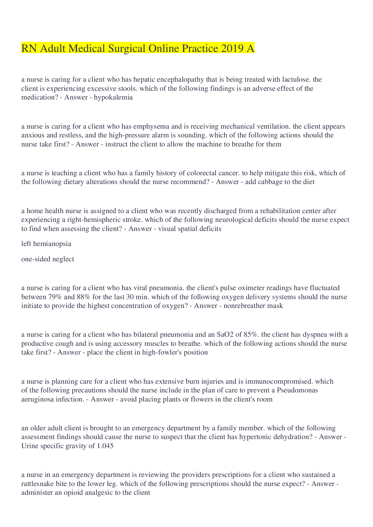 Preview image for RN Adult Medical Surgical Online Practice 2019 A